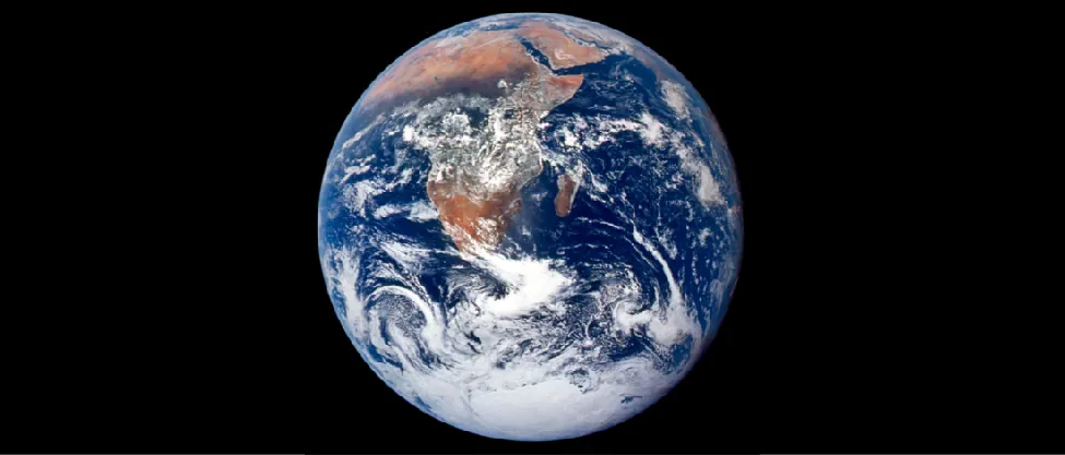 The full disk of Earth photographed by the Apollo 17 crew: Africa, the Arabian Peninsula and the Antarctic ice sheet visible against black space.