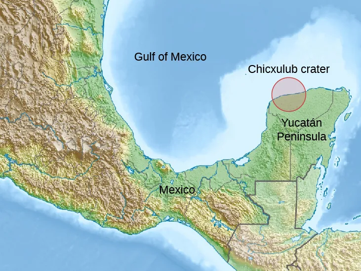 Map of the Yucatán peninsula in Mexico with the buried Chicxulub crater outlined off the northern coast.