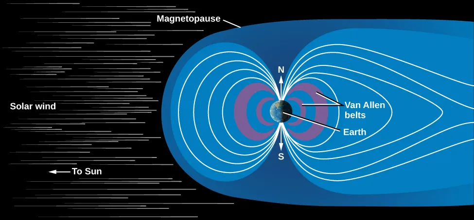 Cross-section of Earth's magnetosphere: field lines compressed on the side facing the solar wind and stretched into a long tail on the far side.