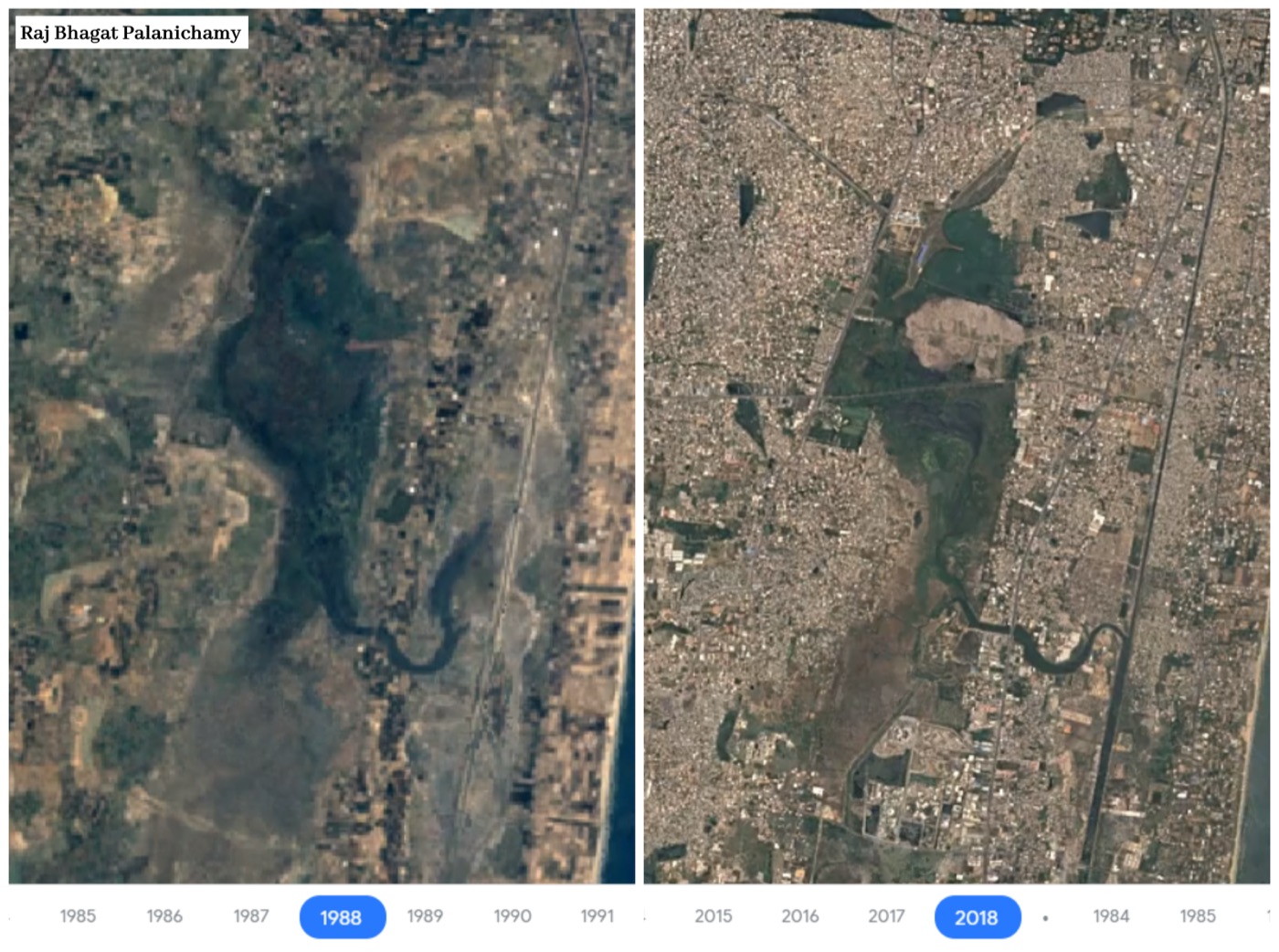 Two Google Earth satellite views of the same stretch of south Chennai: in 1988, Pallikaranai Marsh is a broad dark wetland with open ground around it; in 2018, dense urban development covers most of the frame and presses in on a much smaller green remnant of the marsh.